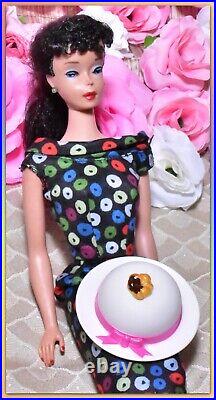 VTG 1960's Ponytail Barbie #5 Brunette Apple Print Sheath Dress Red Lips Japan