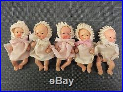 VTG Dionne Quintuplet Bisque Dolls Infant Set 3 Dressed withCribs Japan Jointed