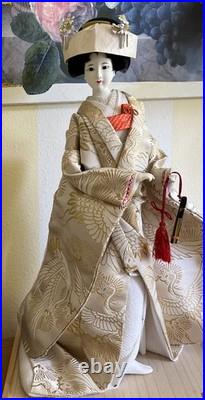 VTG Japanese Bride Doll White Kimono Wedding Fan Geisha Maiko Crane 18 Tall