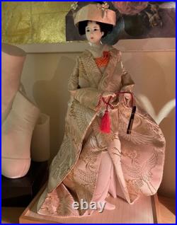 VTG Japanese Bride Doll White Kimono Wedding Fan Geisha Maiko Crane 18 Tall