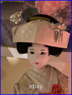 VTG Japanese Bride Doll White Kimono Wedding Fan Geisha Maiko Crane 18 Tall
