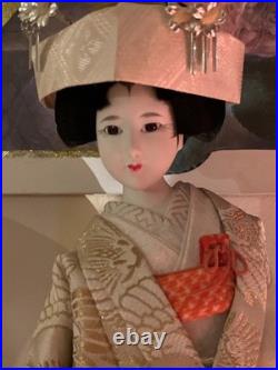 VTG Japanese Bride Doll White Kimono Wedding Fan Geisha Maiko Crane 18 Tall