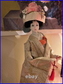 VTG Japanese Bride Doll White Kimono Wedding Fan Geisha Maiko Crane 18 Tall