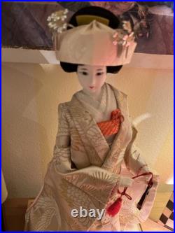 VTG Japanese Bride Doll White Kimono Wedding Fan Geisha Maiko Crane 18 Tall