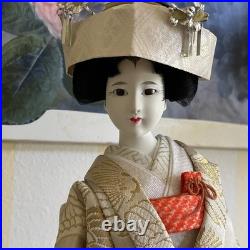 VTG Japanese Bride Doll White Kimono Wedding Fan Geisha Maiko Crane 18 Tall