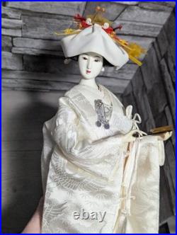Vintage 18 Japanese Bride Doll White Kimono Wedding Fan Geisha Maiko Crane