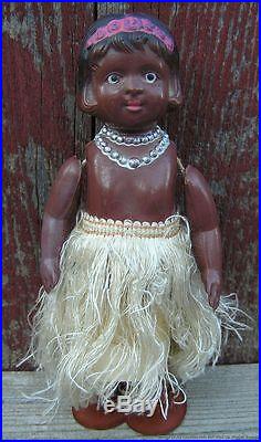 Vintage 1940 Toy Hawaiian Wind Up Brown Hula Doll Wiggler Made in Occupied Japan