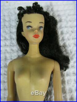 Vintage 1958 dark brunette long hair Barbie curly bangs straight leg Japan feet