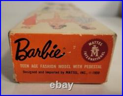 Vintage 1959 Bubble Cut Red Head Barbie With Box And Stand Red Lips Blue Eyes