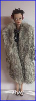 Vintage 1960 Mattel #3/4 Barbie Brunette Ponytail Blue Eyeliner Fur Coat & Dress