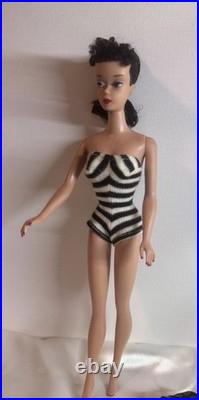 Vintage 1960 Mattel #3/4 Barbie Brunette Ponytail Blue Eyeliner Fur Coat & Dress