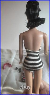 Vintage 1960 Mattel #3/4 Barbie Brunette Ponytail Blue Eyeliner Fur Coat & Dress