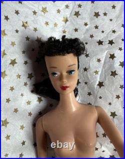 Vintage 1960 Mattel #3/4 Barbie Brunette Ponytail Blue Eyeliner Fur Coat & Dress