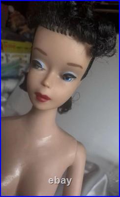Vintage 1960 Mattel #3/4 Barbie Brunette Ponytail Blue Eyeliner Fur Coat & Dress