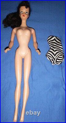 Vintage 1960 Original Barbie Doll #4 Brunette Ponytail In Zebra Swimsuit Vgc
