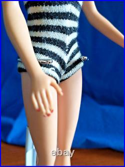 Vintage 1960 Original Barbie Doll #4 Brunette Ponytail In Zebra Swimsuit Vgc