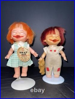 Vintage 1960s Brat Dolls Pair Parksmith Japan Squeeze Tongue Toy with Tag