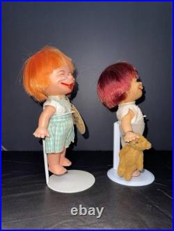 Vintage 1960s Brat Dolls Pair Parksmith Japan Squeeze Tongue Toy with Tag