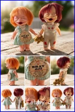 Vintage 1960s Brat Dolls Pair Parksmith Japan Squeeze Tongue Toy with Tag