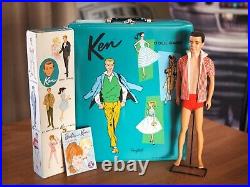 Vintage 1961 Ken Doll #750 with Brunette Flocked Hair in Box withStand and Case