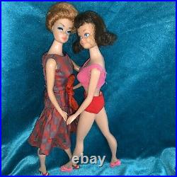 Vintage Barbie Midge (teeth) darkHair & Lucious Queen in Best Bow dress + Access