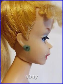 Vintage Barbie Number 4 Ponytail Doll Blonde 60s, Blue Eyeshadow, Stains on Head