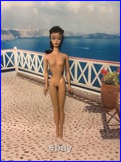 Vintage Barbie Ponytail Doll #4 Brunette 850 TLC Silver Suit Solid Body No Green
