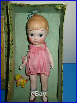 Vintage Bow Loop Pudgy Bisque 6 1/2 Doll with VHTF Dog & Box Made in Japan