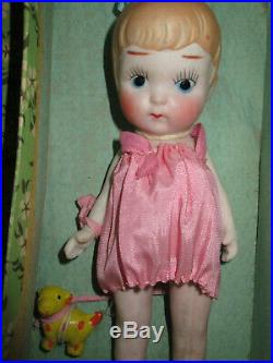 Vintage Bow Loop Pudgy Bisque 6 1/2 Doll with VHTF Dog & Box Made in Japan