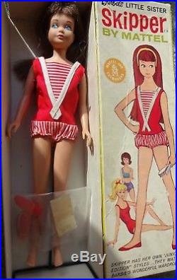 Vintage Boxed Mattel 1968 Made Japan Brunette SKIPPER Doll & Box Stand Headband