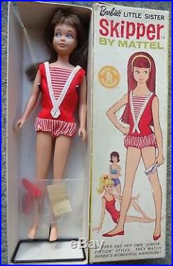 Vintage Boxed Mattel 1968 Made Japan Brunette SKIPPER Doll & Box Stand Headband
