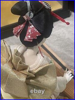 Vintage C1960 Japanese GEISHA Doll withmusical instrument silk KIMONO & Glass Case