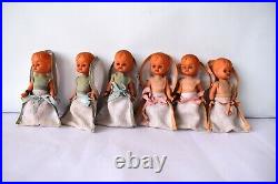 Vintage Celluloid Dolls With Pinafore Dress Miniature Doll House Japan Rare 6PK