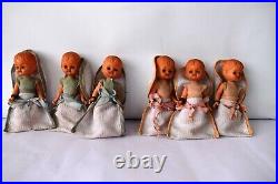 Vintage Celluloid Dolls With Pinafore Dress Miniature Doll House Japan Rare 6PK