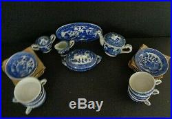 Vintage Child's Doll Tea Set Blue Willow Japan Setting for 6 with linens and Box
