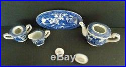 Vintage Child's Doll Tea Set Blue Willow Japan Setting for 6 with linens and Box