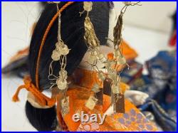Vintage Collection of 5 Japanese Hina Dolls with Orange & Blue Floral Dec