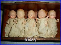Vintage Dionne Quintuplets Bisque Jointed Baby Dolls in Wooden Cradle Made Japan