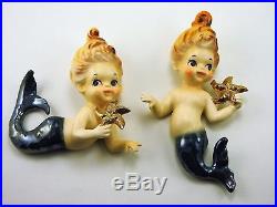 Vintage Doll Like Mermaid Pair Holding Gold Starfish Hanging Wall Plaque Japan