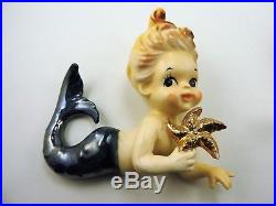 Vintage Doll Like Mermaid Pair Holding Gold Starfish Hanging Wall Plaque Japan