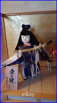 Vintage Japan 2 Samurai Warrior Dolls in Glass Case