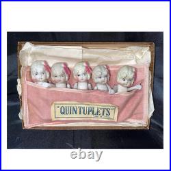 Vintage Japan Bisque Quintuplet Dolls Set 5 I Magnin Box & Pouch