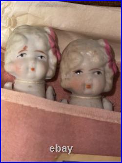 Vintage Japan Bisque Quintuplet Dolls Set 5 I Magnin Box & Pouch