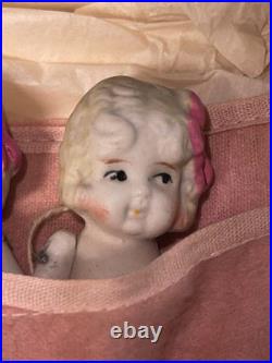 Vintage Japan Bisque Quintuplet Dolls Set 5 I Magnin Box & Pouch