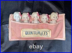 Vintage Japan Bisque Quintuplet Dolls Set 5 I Magnin Box & Pouch