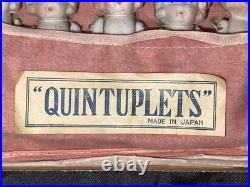 Vintage Japan Bisque Quintuplet Dolls Set 5 I Magnin Box & Pouch