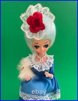Vintage Japan Musical Revolving Pose Doll Jewelry Box Blue Dress with Dog
