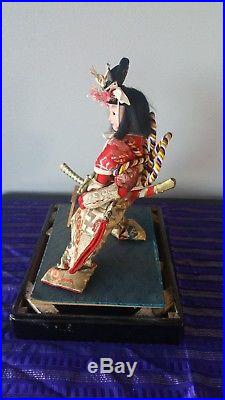 Vintage Japan SAMURAI BOY DOLL in Black Lacquer Glass Case Japanese with Sword