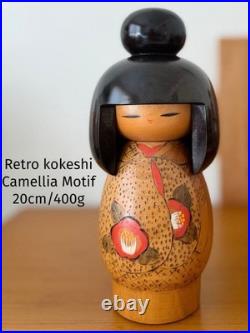 Vintage Japanese Creative Kokeshi Doll Camellia Motif Wood 20cm 400g