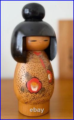 Vintage Japanese Creative Kokeshi Doll Camellia Motif Wood 20cm 400g